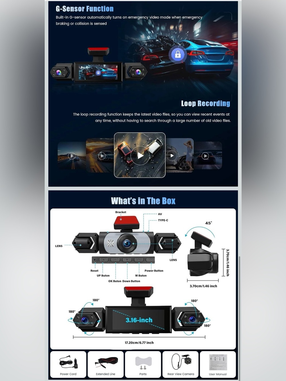 3.16-Inch Dual Lens Dash Cam with Loop Recording - Black